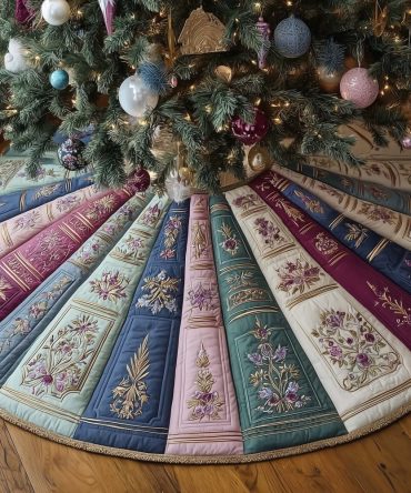 Pastel Floral Book Spine Christmas Tree Skirt - Custom-Made Soft Holiday Tree Collar For Book Lovers And Cottage Decor