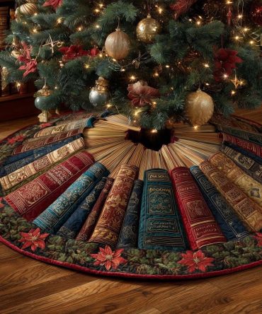 Classic Holiday Book Stack Tree Skirt With Holly Border - Custom-Made Christmas Tree Collar For Book Lovers And Libraries