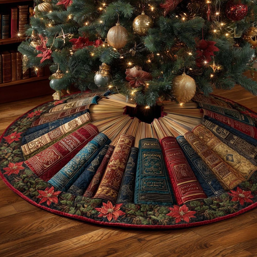Classic Holiday Book Stack Tree Skirt With Holly Border - Custom-Made Christmas Tree Collar For Book Lovers And Libraries