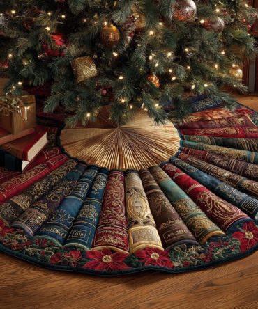 Vintage Books Christmas Tree Skirt With Golden Pages - Custom-Made Antique Library Holiday Tree Collar