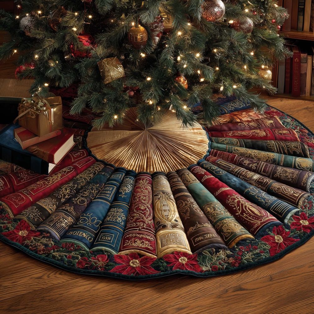 Vintage Books Christmas Tree Skirt With Golden Pages - Custom-Made Antique Library Holiday Tree Collar