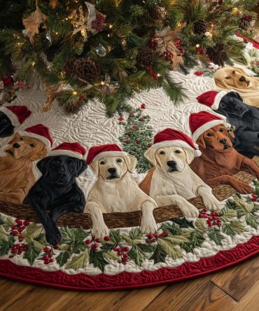 Labradors In Santa Hats With Holly Trim Tree Skirt - Custom-Made Festive Holiday Tree Collar For Dog Moms And Dads