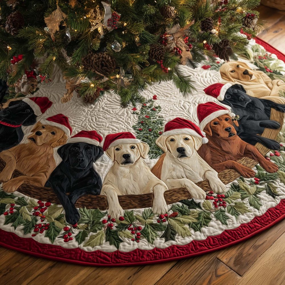 Labradors In Santa Hats With Holly Trim Tree Skirt - Custom-Made Festive Holiday Tree Collar For Dog Moms And Dads