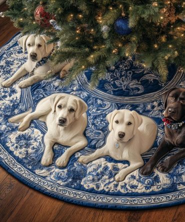 Blue Willow Pattern Christmas Tree Skirt With Cream Labrador Motif - Custom-Made Elegant Holiday Tree Collar