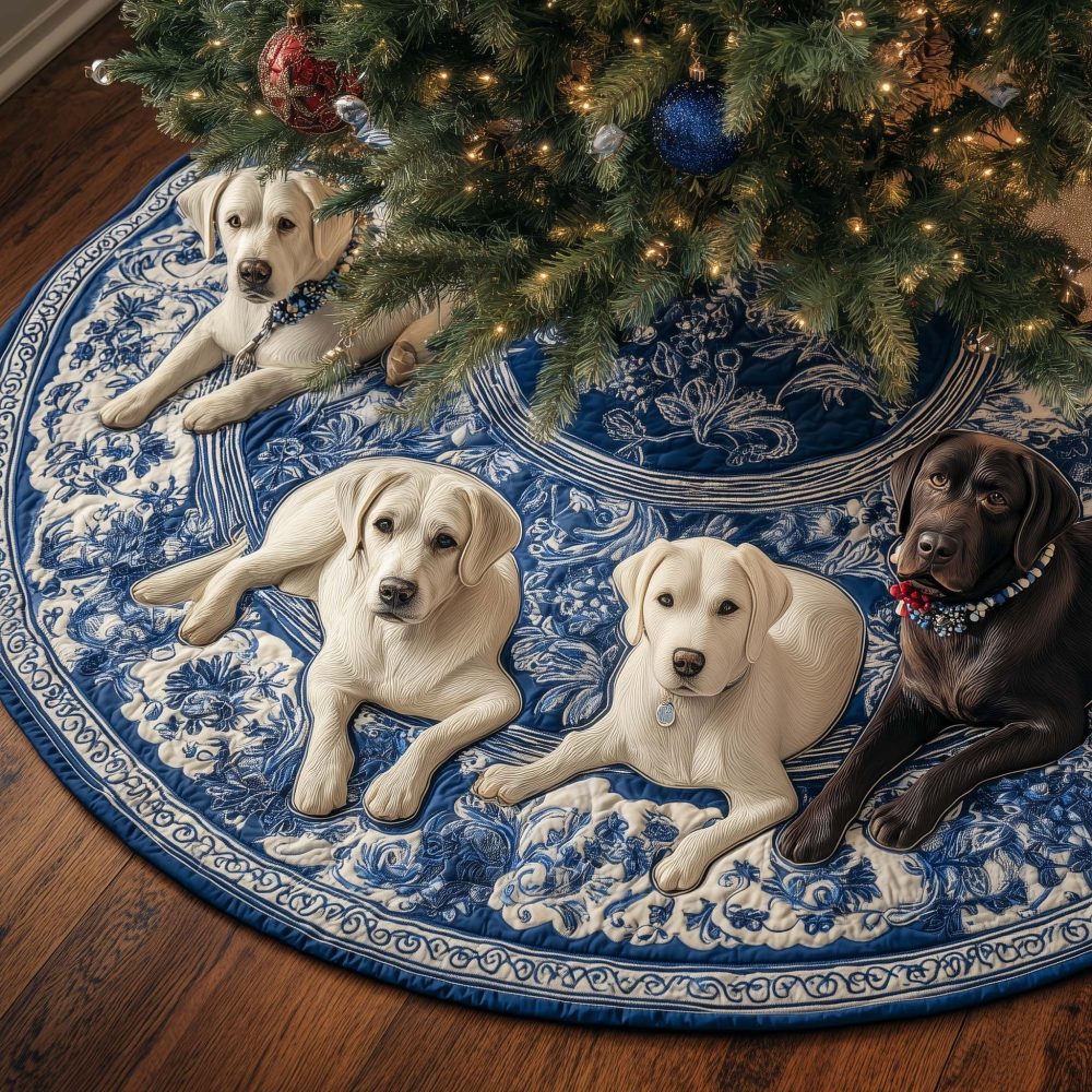 Blue Willow Pattern Christmas Tree Skirt With Cream Labrador Motif - Custom-Made Elegant Holiday Tree Collar