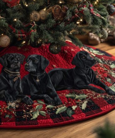 Classic Red Holly Christmas Tree Skirt With Black Labrador Silhouettes - Custom-Made Holiday Base Cover For Dog Lovers