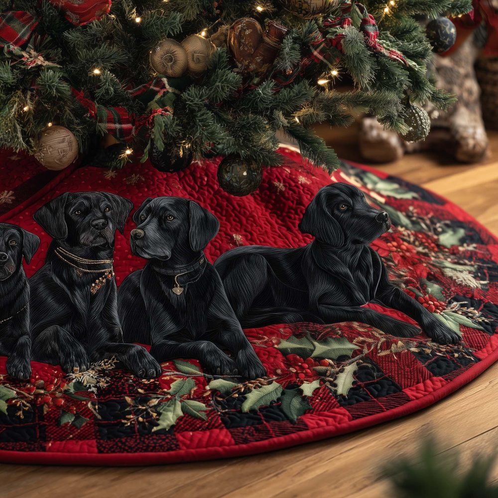 Classic Red Holly Christmas Tree Skirt With Black Labrador Silhouettes - Custom-Made Holiday Base Cover For Dog Lovers