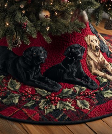 Quilted Red Holiday Tree Skirt With Black & Yellow Labrador Pattern - Custom-Made Christmas Tree Collar For Dog Owners