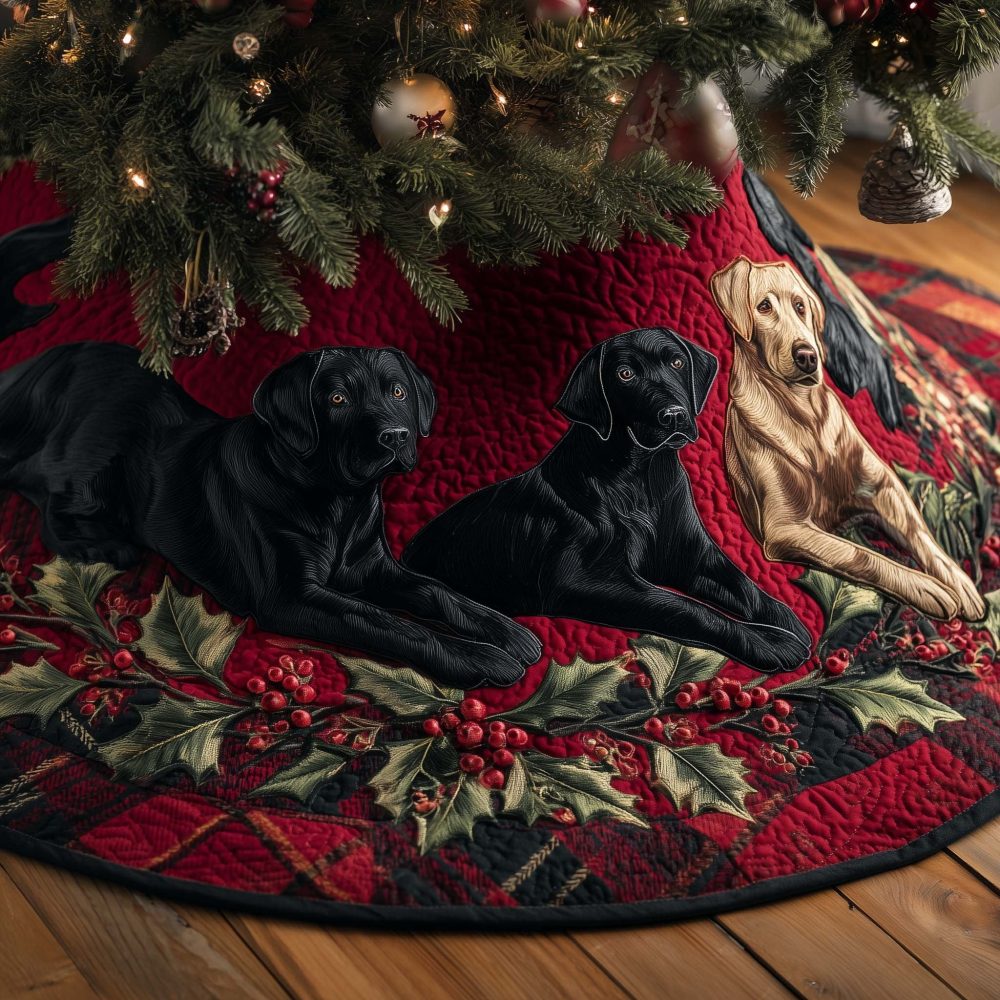 Quilted Red Holiday Tree Skirt With Black & Yellow Labrador Pattern - Custom-Made Christmas Tree Collar For Dog Owners