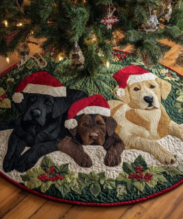 Festive Three Labrador Dog Christmas Tree Skirt With Santa Hats - Custom-Made Holiday Tree Collar For Dog Lovers