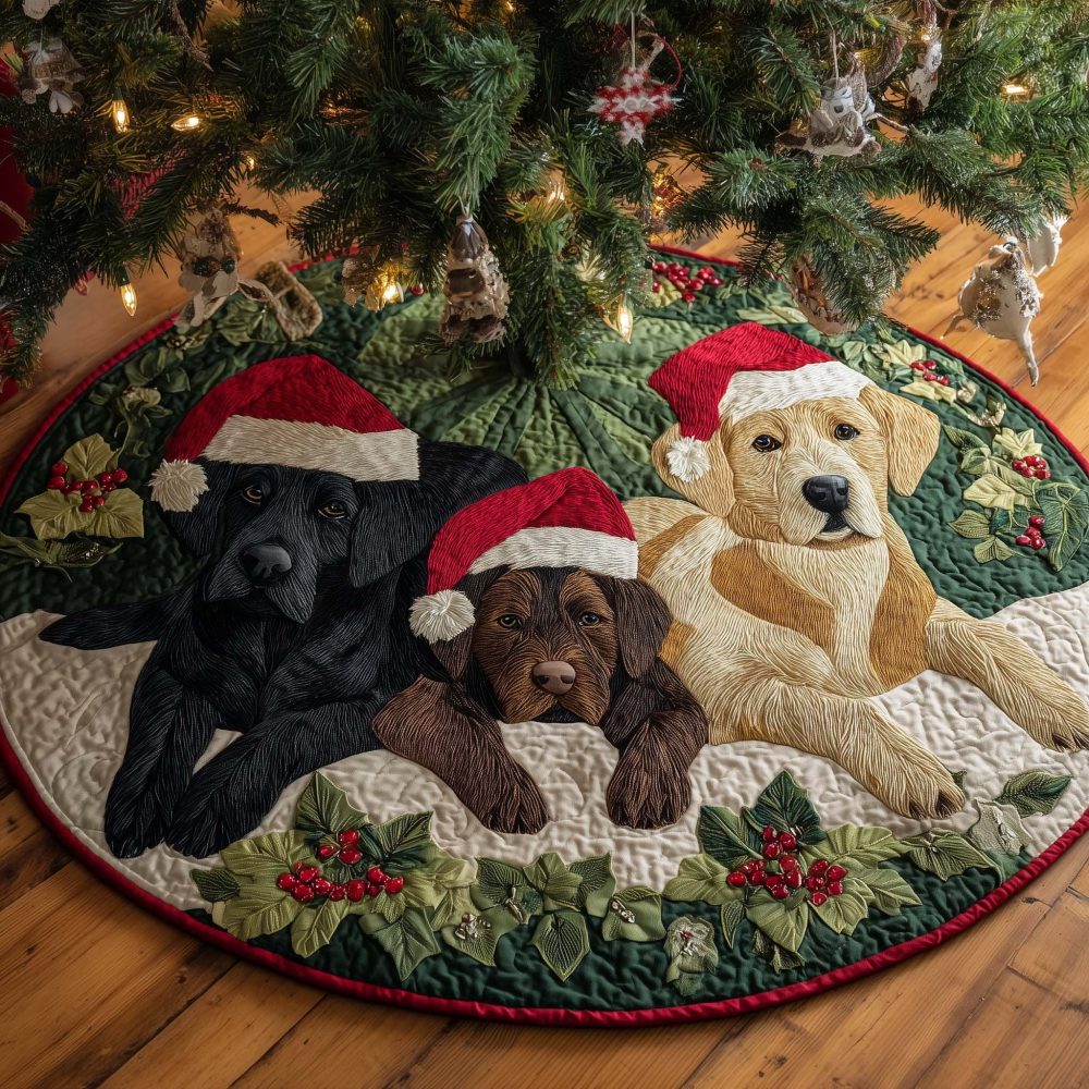 Festive Three Labrador Dog Christmas Tree Skirt With Santa Hats - Custom-Made Holiday Tree Collar For Dog Lovers