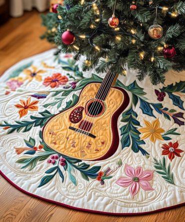 Custom Acoustic Guitar Floral Tree Skirt - Handmade Christmas Tree Skirt With Flower Wreath Pattern, Made-To-Order Holiday Decor