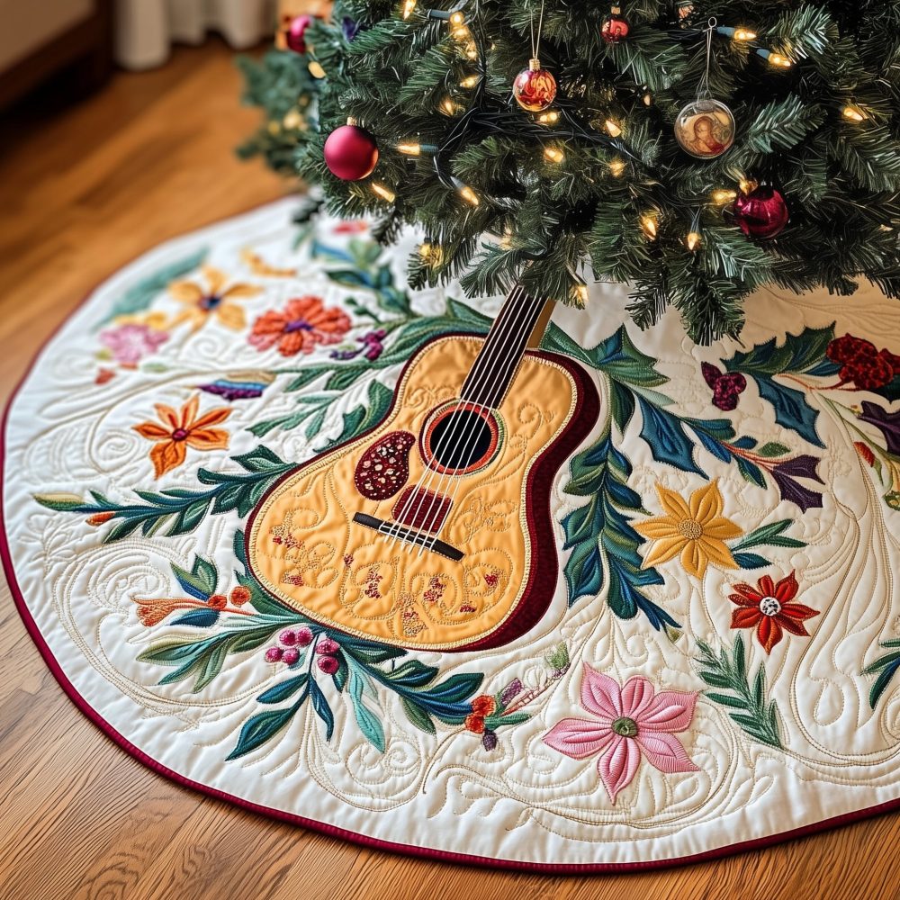 Custom Acoustic Guitar Floral Tree Skirt - Handmade Christmas Tree Skirt With Flower Wreath Pattern, Made-To-Order Holiday Decor