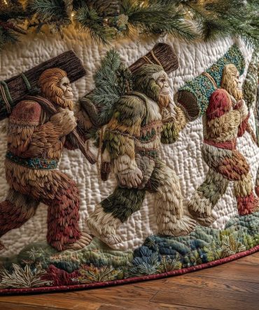 Handmade Bigfoot Family Walking In The Woods Tree Skirt - Unique Sasquatch Christmas Tree Collar, Custom-Made Novelty Gift
