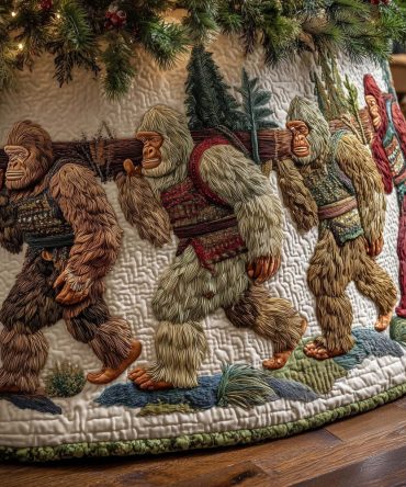 Bigfoot Carrying Logs Christmas Tree Skirt – Handcrafted Campfire Scene, Made-To-Order Rustic Holiday Skirt, Unique Gift For Outdoors Lovers