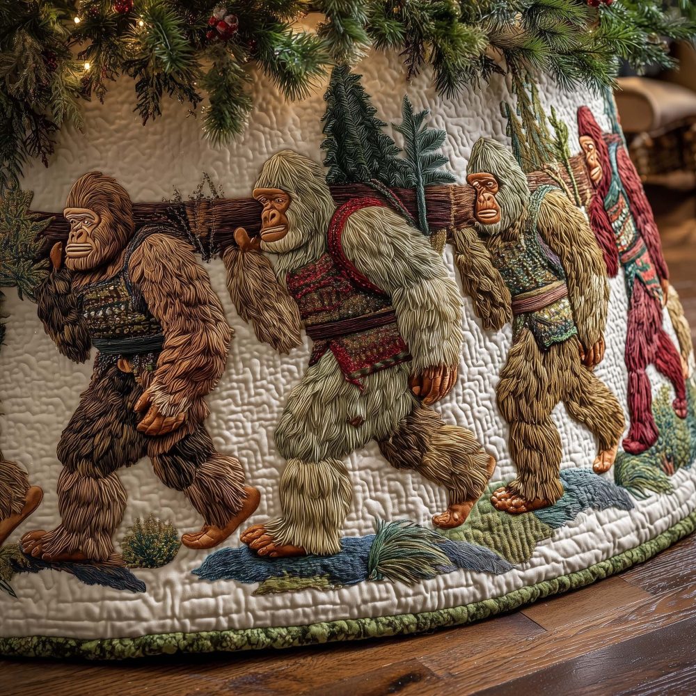 Bigfoot Carrying Logs Christmas Tree Skirt – Handcrafted Campfire Scene, Made-To-Order Rustic Holiday Skirt, Unique Gift For Outdoors Lovers