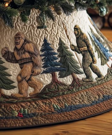 Bigfoot Among Pine Trees Christmas Tree Skirt – Handcrafted Woodland Holiday Skirt, Made-To-Order, Rustic Cabin Decor & Gift For Nature Fans