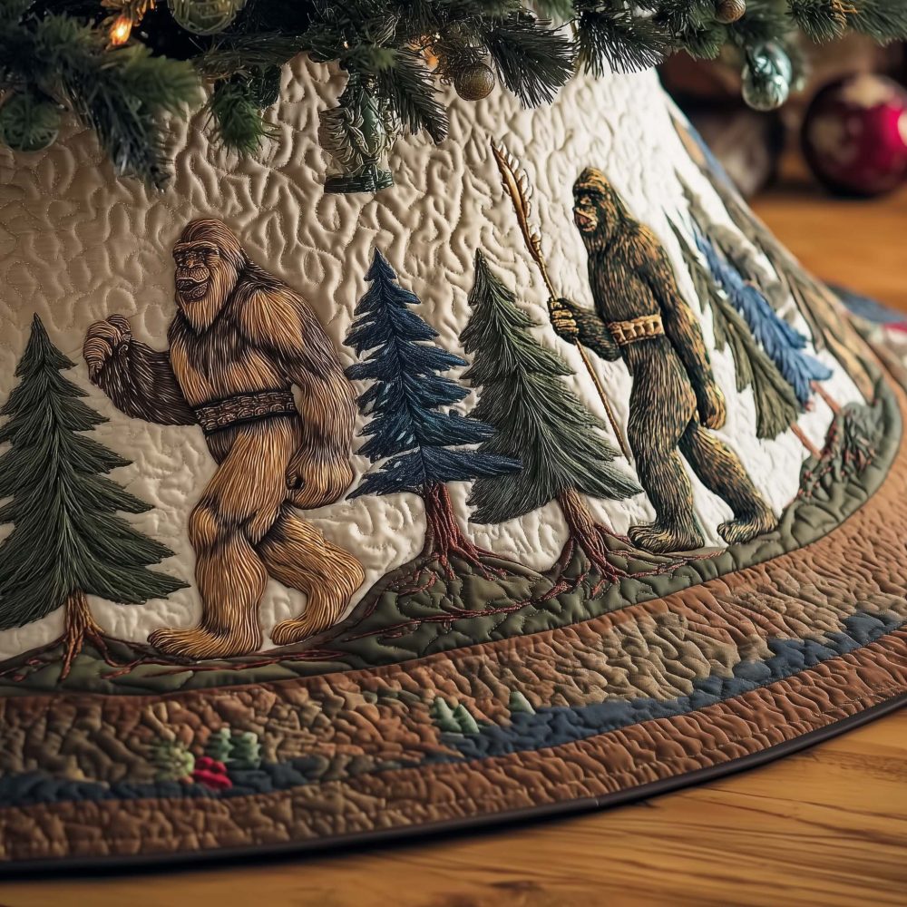 Bigfoot Among Pine Trees Christmas Tree Skirt – Handcrafted Woodland Holiday Skirt, Made-To-Order, Rustic Cabin Decor & Gift For Nature Fans