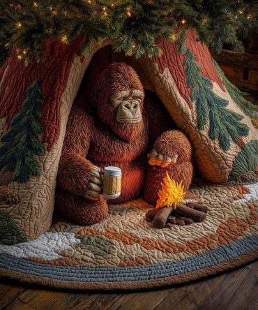 Cozy Bigfoot With Mug By Campfire Christmas Tree Skirt – Handmade Rustic Holiday Skirt, Made-To-Order, Quirky Gift For Outdoorsy Homes