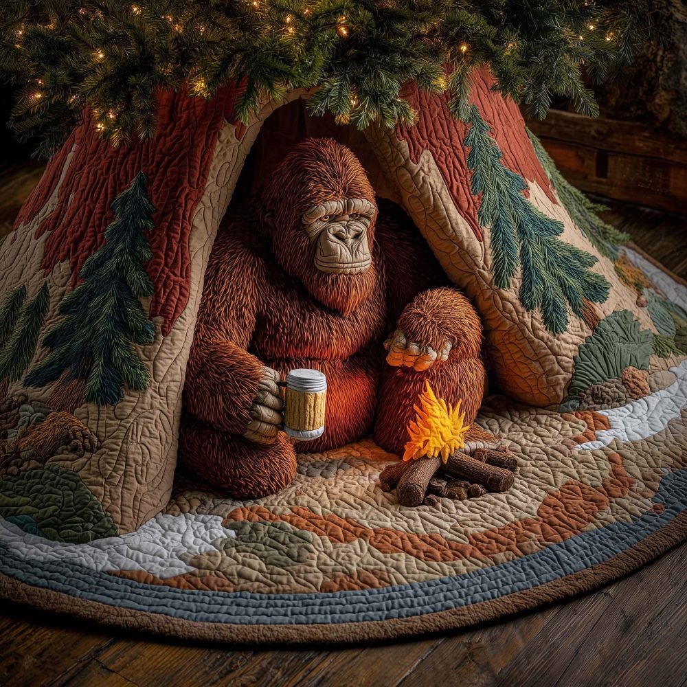 Cozy Bigfoot With Mug By Campfire Christmas Tree Skirt – Handmade Rustic Holiday Skirt, Made-To-Order, Quirky Gift For Outdoorsy Homes