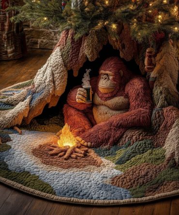 Whimsical Bigfoot By Campfire Christmas Tree Skirt – Handmade Outdoor-Themed Holiday Skirt, Made-To-Order Gift For Nature Lovers
