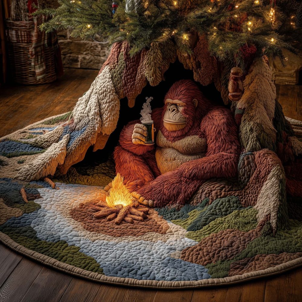 Whimsical Bigfoot By Campfire Christmas Tree Skirt – Handmade Outdoor-Themed Holiday Skirt, Made-To-Order Gift For Nature Lovers