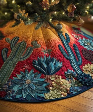 Teal Cactus On Red Desert Bloom Christmas Tree Skirt – Vibrant Handmade Skirt, Made-To-Order, Southwestern Holiday Accent & Gift-Ready