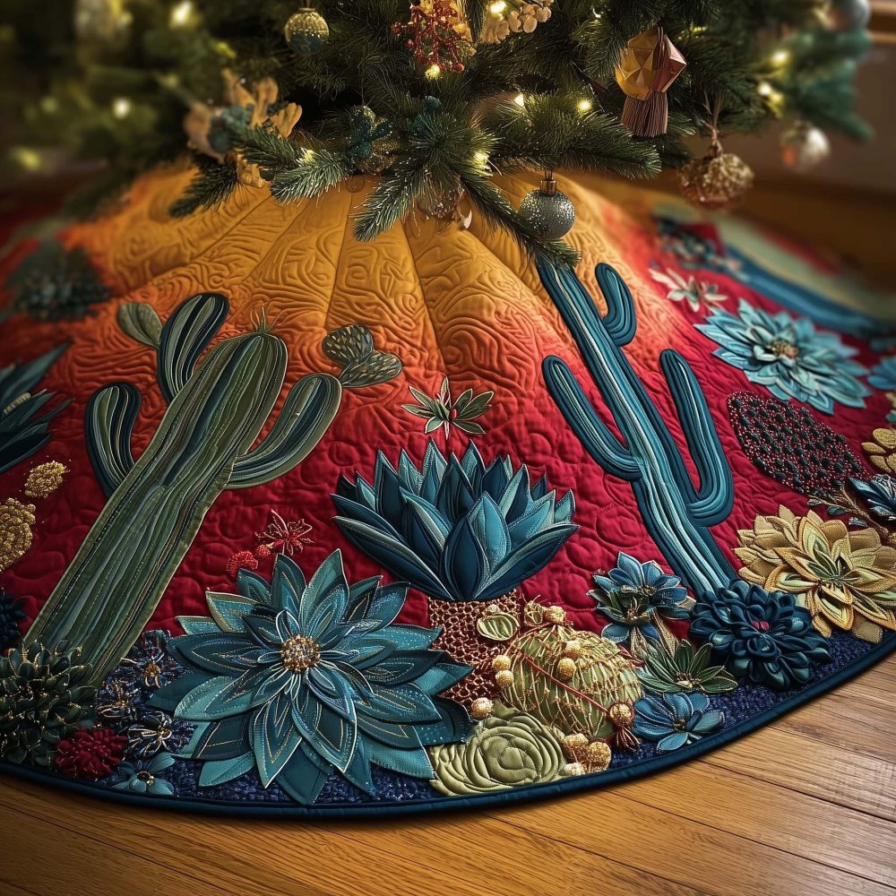 Teal Cactus On Red Desert Bloom Christmas Tree Skirt – Vibrant Handmade Skirt, Made-To-Order, Southwestern Holiday Accent & Gift-Ready