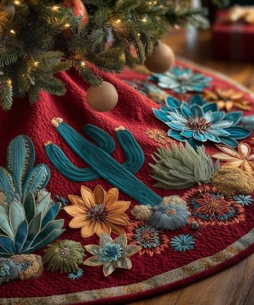 Red Cactus & Blossom Christmas Tree Skirt – Handcrafted Floral Desert Design, Made-To-Order Holiday Skirt, Bold Festive Home Accent