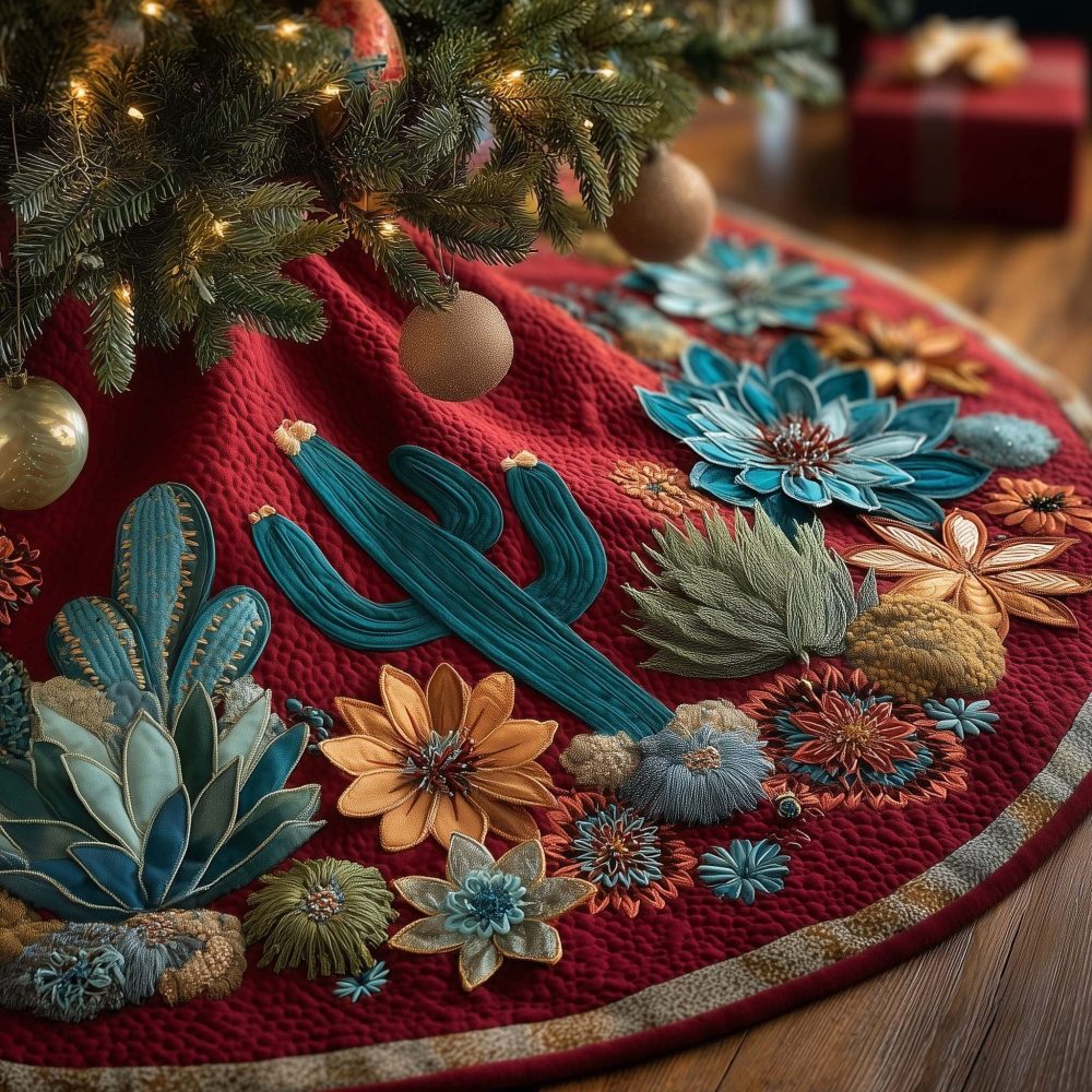 Red Cactus & Blossom Christmas Tree Skirt – Handcrafted Floral Desert Design, Made-To-Order Holiday Skirt, Bold Festive Home Accent