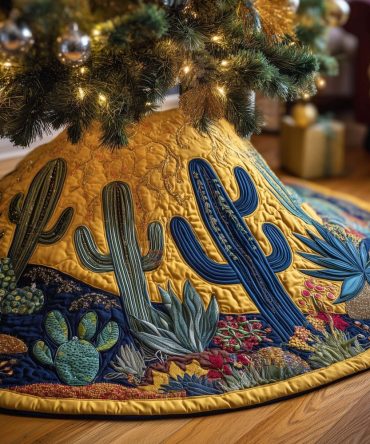 Golden Sky Cactus Christmas Tree Skirt – Handcrafted Desert Scene, Made-To-Order Holiday Skirt In Warm Metallic Hues, Statement Home Decor