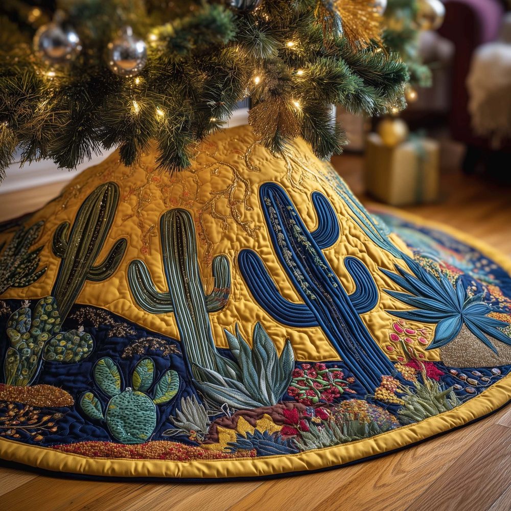 Golden Sky Cactus Christmas Tree Skirt – Handcrafted Desert Scene, Made-To-Order Holiday Skirt In Warm Metallic Hues, Statement Home Decor