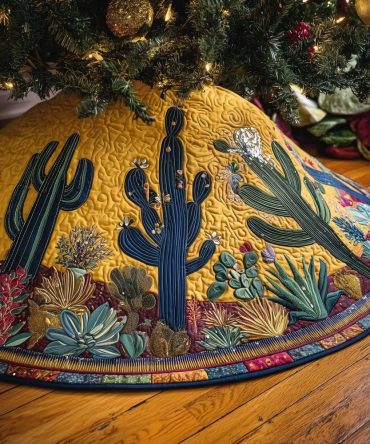 Bright Yellow & Teal Saguaro Cactus Christmas Tree Skirt – Made-To-Order, Handcrafted Desert Holiday Accent, Soft Durable Fabric Options