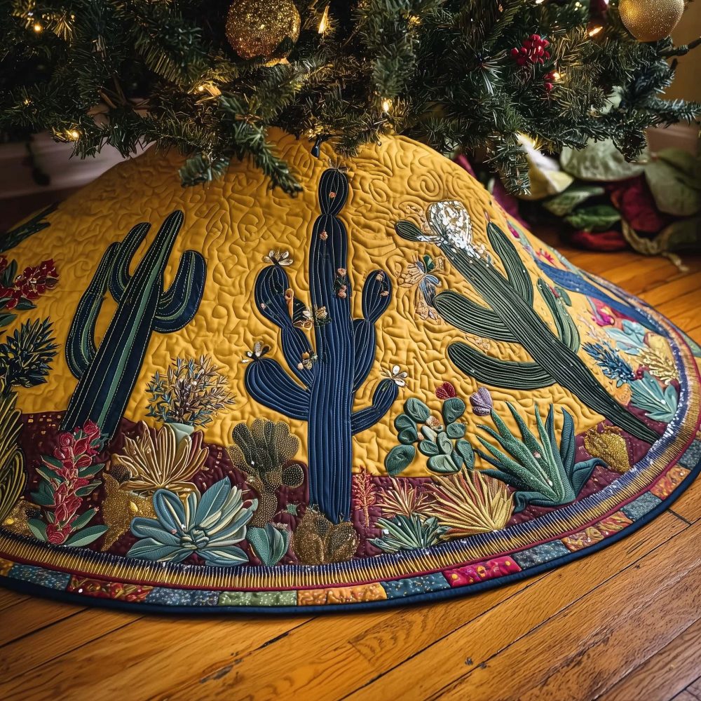 Bright Yellow & Teal Saguaro Cactus Christmas Tree Skirt – Made-To-Order, Handcrafted Desert Holiday Accent, Soft Durable Fabric Options