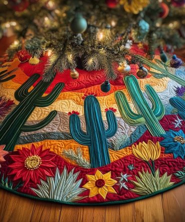 Sunset Desert Cactus Christmas Tree Skirt – Vibrant Color Gradient, Handmade Made-To-Order Holiday Skirt, Southwestern Home Decor