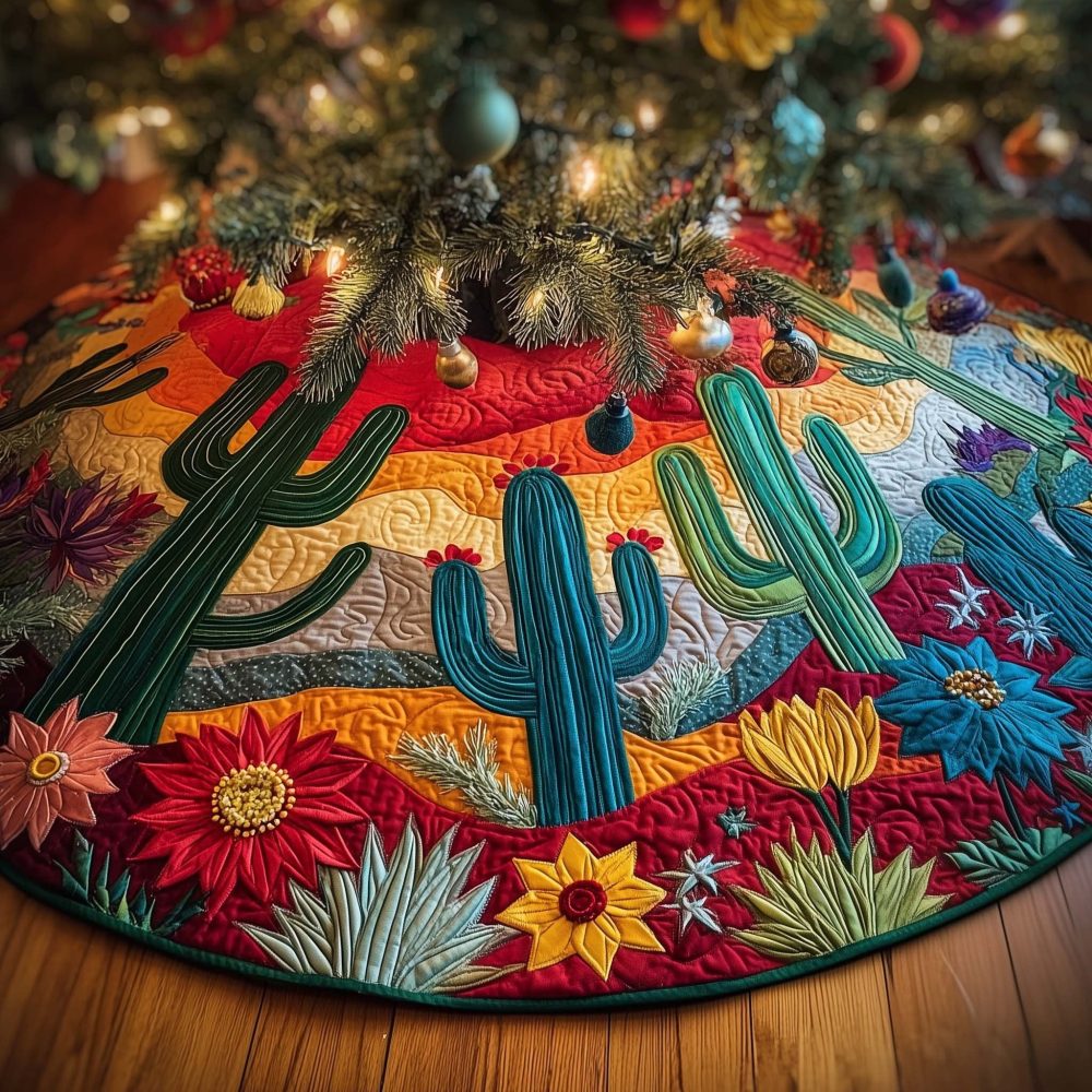 Sunset Desert Cactus Christmas Tree Skirt – Vibrant Color Gradient, Handmade Made-To-Order Holiday Skirt, Southwestern Home Decor