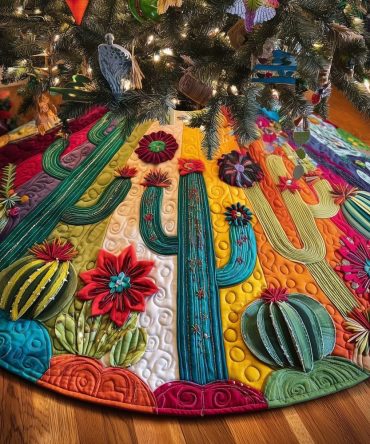 Vibrant Cactus & Red Blossom Christmas Tree Skirt – Handcrafted Desert-Inspired Holiday Decor, Made-To-Order, Durable Fabric Options