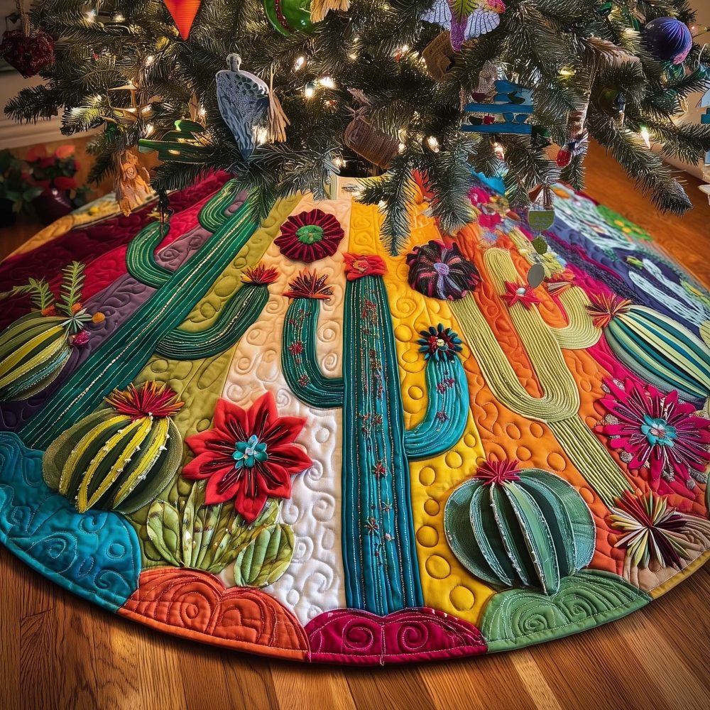 Vibrant Cactus & Red Blossom Christmas Tree Skirt – Handcrafted Desert-Inspired Holiday Decor, Made-To-Order, Durable Fabric Options