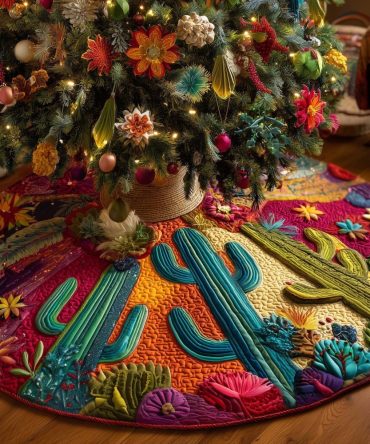 Orange Desert Succulent & Cactus Christmas Tree Skirt – Artisan Made-To-Order Fabric Skirt, Bold Color Holiday Accent & Perfect Gift