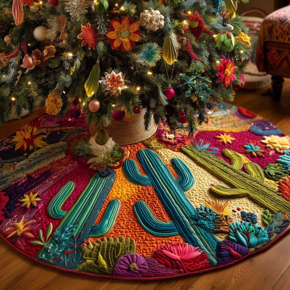 Orange Desert Succulent & Cactus Christmas Tree Skirt – Artisan Made-To-Order Fabric Skirt, Bold Color Holiday Accent & Perfect Gift