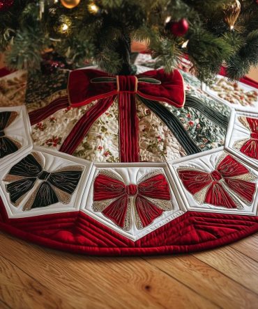 Elegant Red & White Ribbon Bow Christmas Tree Skirt – Handmade Holiday Skirt, Made-To-Order, Classic Festive Style For Living Rooms