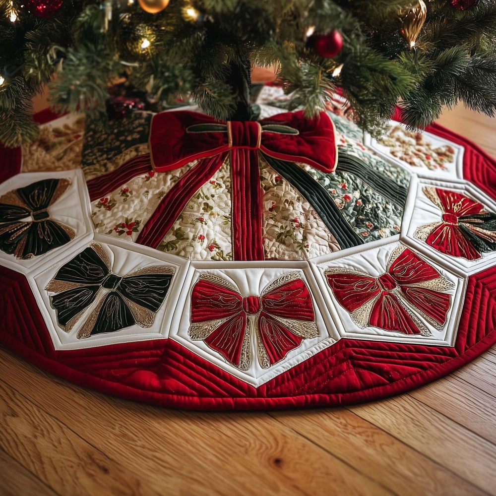 Elegant Red & White Ribbon Bow Christmas Tree Skirt – Handmade Holiday Skirt, Made-To-Order, Classic Festive Style For Living Rooms