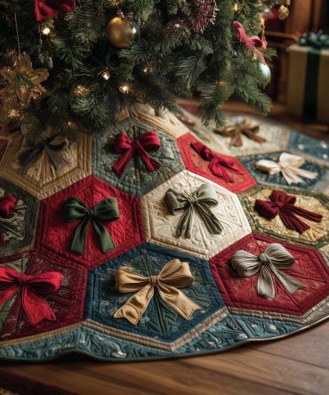 Festive Green & Red Hexagon Christmas Tree Skirt With Elegant Bows – Custom Handmade, Premium Holiday Decor, Made-To-Order Gift
