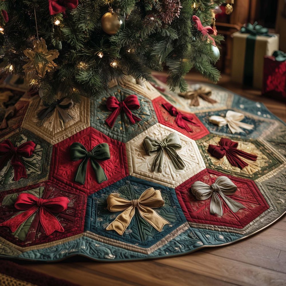Festive Green & Red Hexagon Christmas Tree Skirt With Elegant Bows – Custom Handmade, Premium Holiday Decor, Made-To-Order Gift