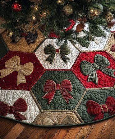 Stylish Ribbon Bow Hexagon Block Christmas Tree Skirt – Handcrafted Made-To-Order, Luxury Holiday Accent For Living Rooms & Gifts