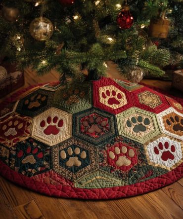 Handmade Red Hexagon Paw-Print Christmas Tree Skirt – Premium Fabric, Custom Made-To-Order Holiday Decor Perfect For Pet Lovers