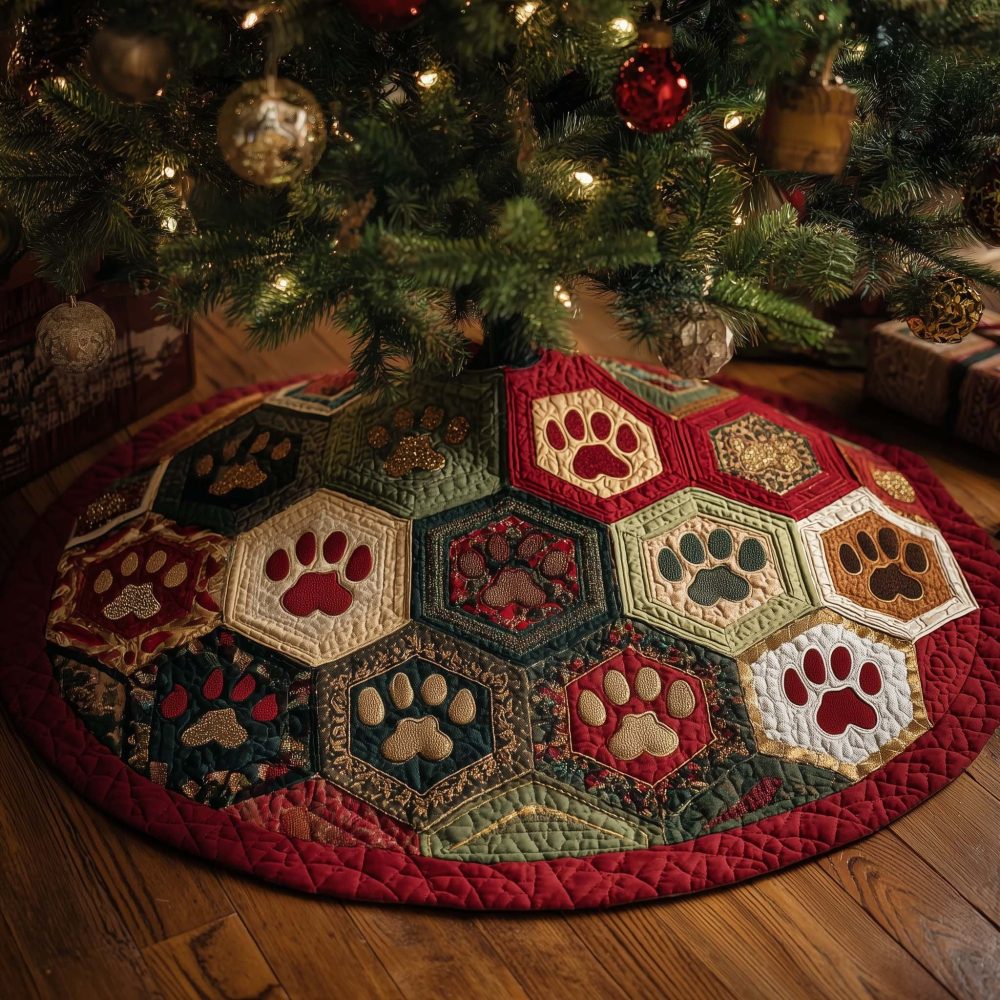 Handmade Red Hexagon Paw-Print Christmas Tree Skirt – Premium Fabric, Custom Made-To-Order Holiday Decor Perfect For Pet Lovers