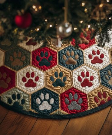 Pet-Friendly Paw Prints On Teal Hexagon Christmas Tree Skirt — Custom Made Holiday Skirt For Dog & Cat Lovers