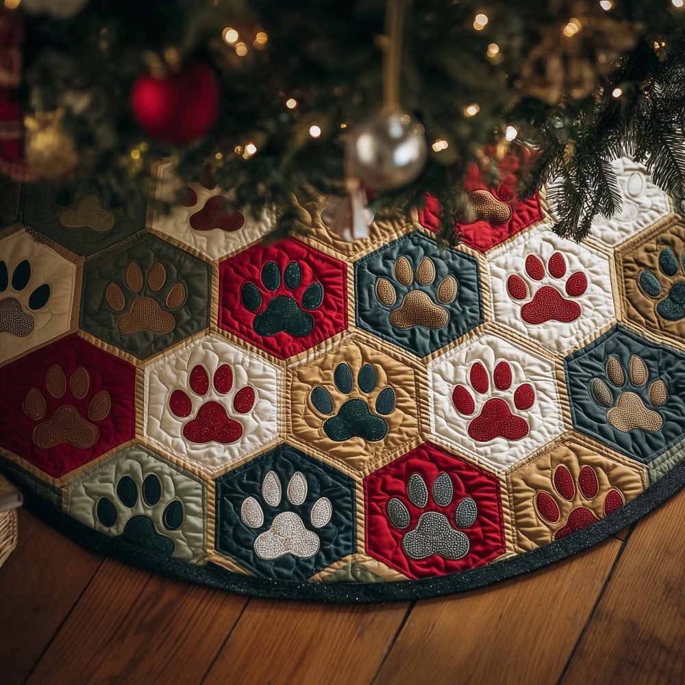 Pet-Friendly Paw Prints On Teal Hexagon Christmas Tree Skirt — Custom Made Holiday Skirt For Dog & Cat Lovers