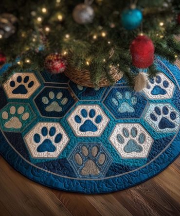Blue Paw Print Hexagon Christmas Tree Skirt — Custom Made Pet Lover Holiday Skirt With Playful Paw Motif